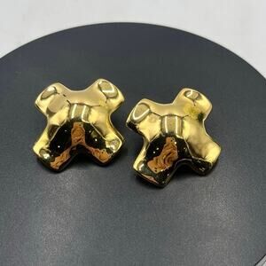Liz Claiborne 1980s Signed‎ Chunky Gold Plated Puffy X Vintage Designer Earrings